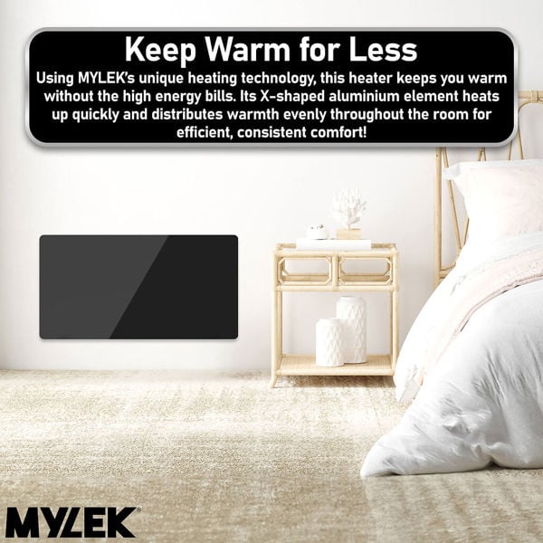 Mylek Radiator Glass Panel Heater Black Slimline, Wifi Enabled Smart APP