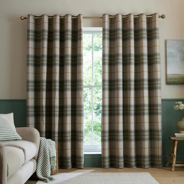 Catherine Lansfield Brushed Woven Glencoe Check Thermal Eyelet Curtains Green