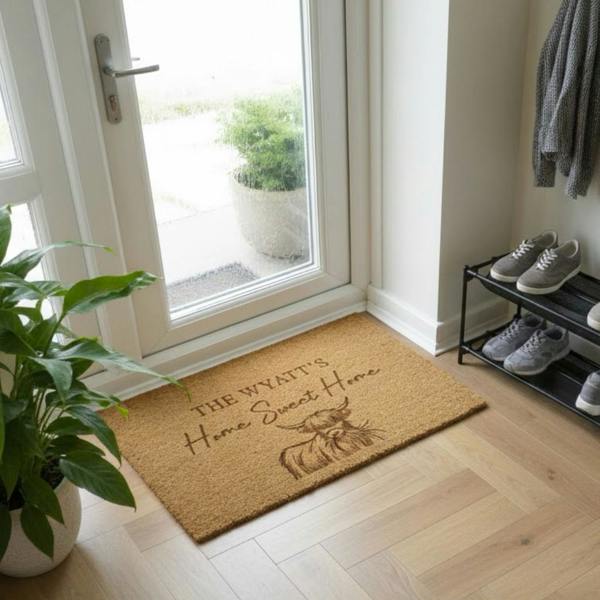 A rectangular natural coir doormat featuring a shaggy Highland cow illustration printed with Home Sweet Home text on a wooden floor.