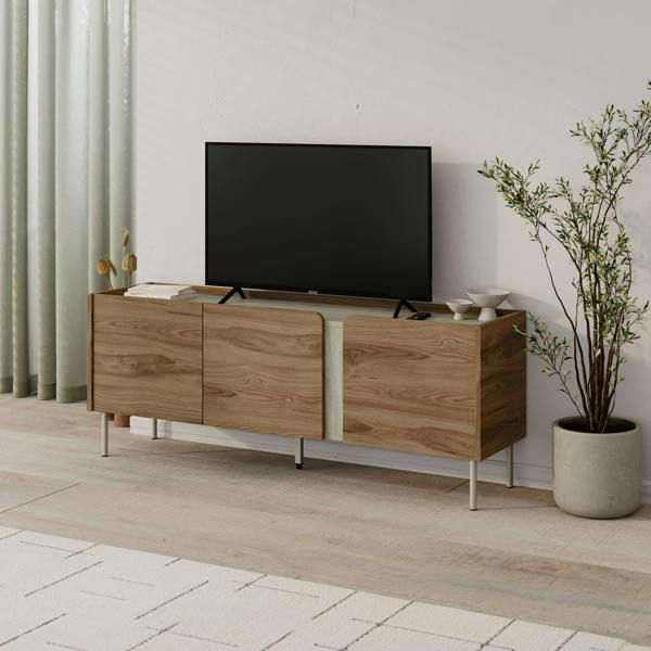 Decortie Modern 140cm TV Stand Unit Up to 50" TVs, 3 Soft-Close Door, 5 Storage Cabinet Shelves, Metal Legs