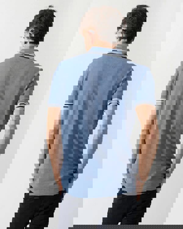 back shot of a model wearing a BOSS Green Paddy Mens Cotton-Piqué Polo Shirt with Contrast Logo in Open Blue 462