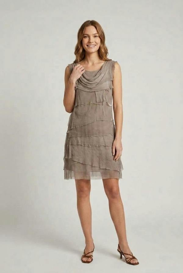 Brown | Semi Sheer Texture Tiered Short Dress