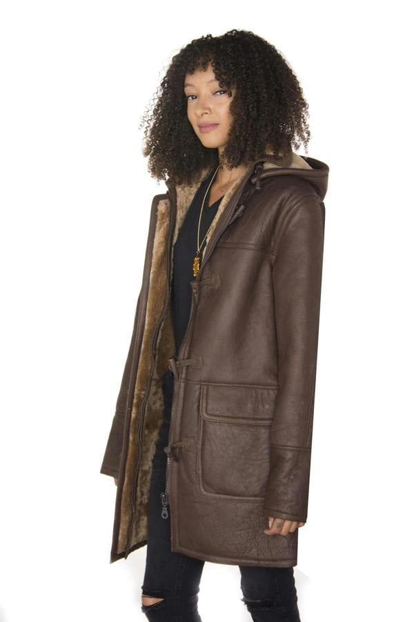 Infinity Leather Womens Brown Hooded Sheepskin Leather Duffle Coat-Charlotte