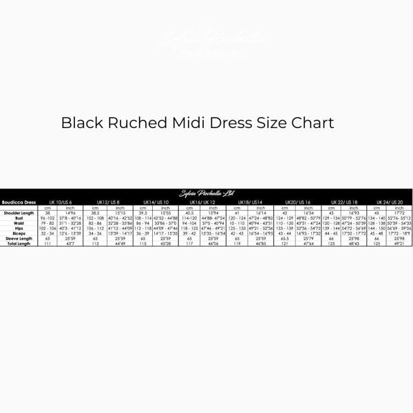 Black Ruched Midi Dress Size Chart
