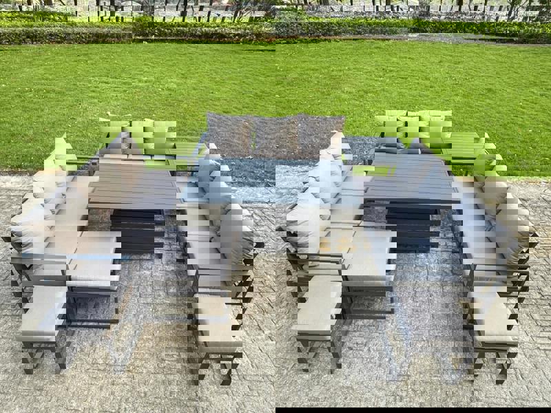 Fimous 12 Seater Aluminum Outdoor Garden Furniture Set with Adjustable Rising Dining Table, 3 Sofas, 3 Footstools & Side Table - Grey