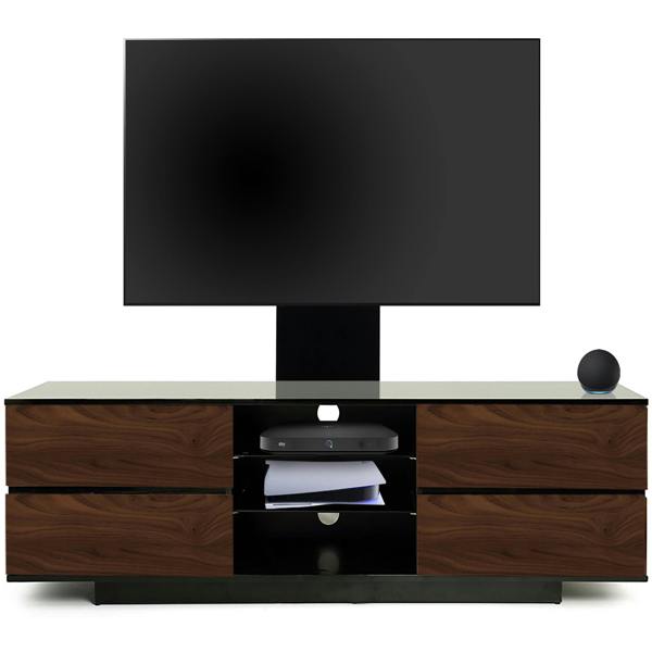 Homeology Avitus Gloss Black with 4-Walnut Drawers and 3-Shelves up to 65" LED/LCD/Plasma TV Stand with Mounting Arm