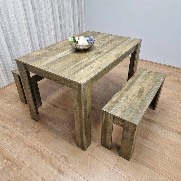 Kosy Koala Dining Table and 2 Benches Rustic Effect Wood Table Rustic Benches Dining Room