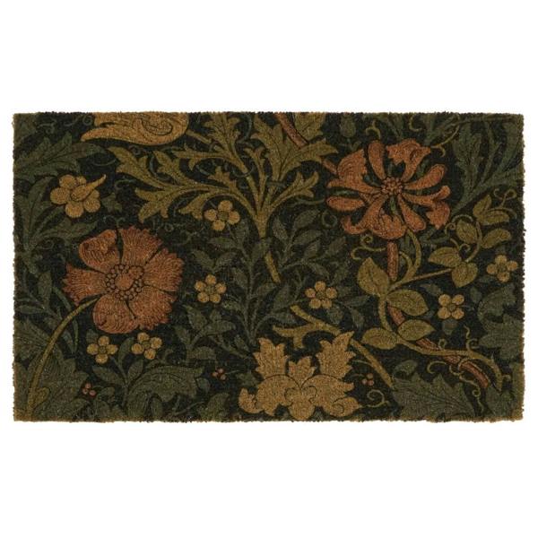 Floral patterned doormat with green and brown colors on a white background