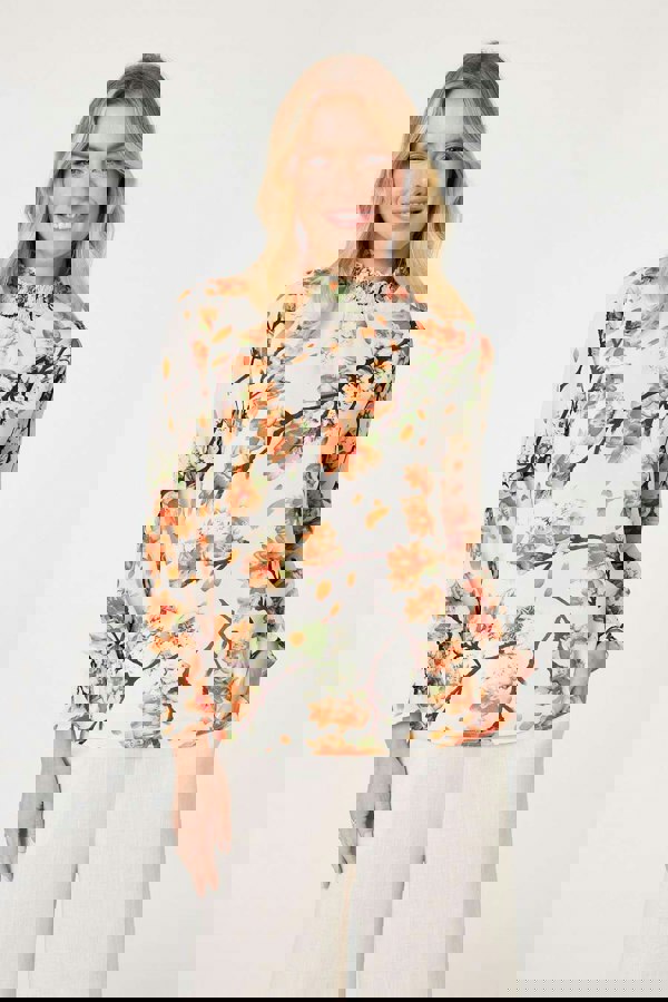 Orange | Floral Shirred High Neck Blouse :  Model is 5'10"/178 cm and wears UK8/EU36/US4/AUS8