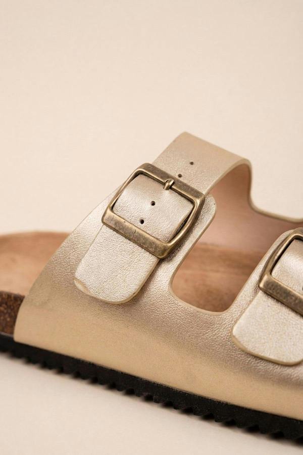 Nina Womens Buckle Strap Cork Slide Sandals - GOLD