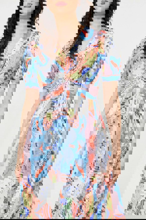 Blue | Abstract Ruched Front Empire Midi Dress
