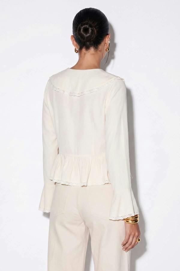 WOVCOR V Neck Long Sleeve Tie Front Lace Detail Blouse