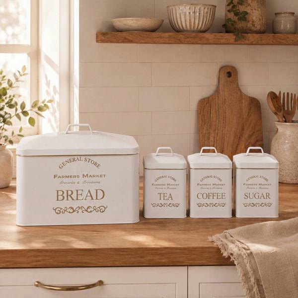 Maison des Cadeaux Vintage Farmhouse 4 Piece White Bread Bin & Canister Set