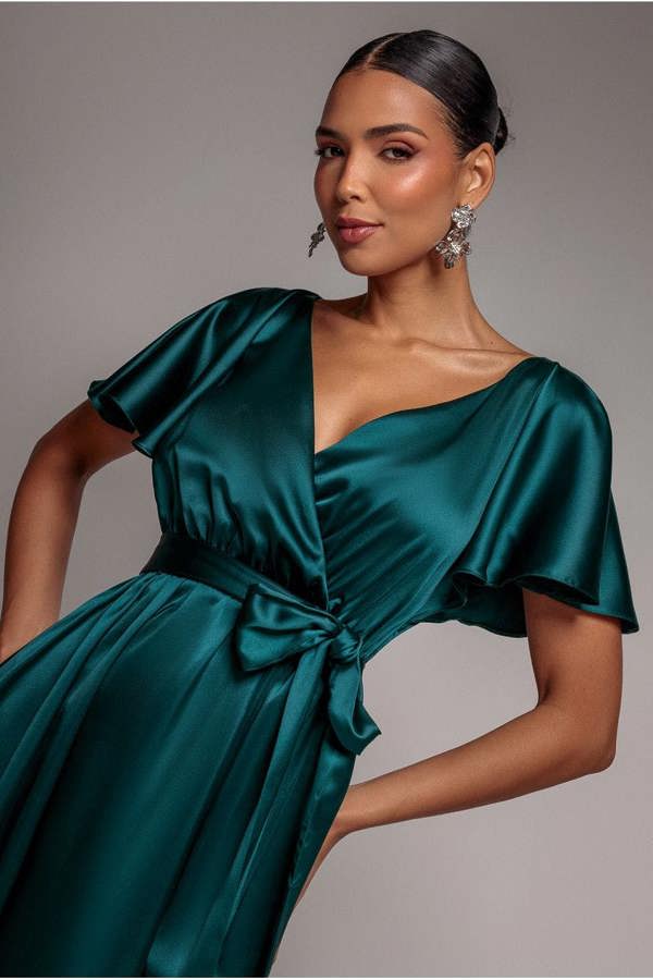 Satin Flutter Sleeve Wrap Maxi Dress - Emerald Green DR3640