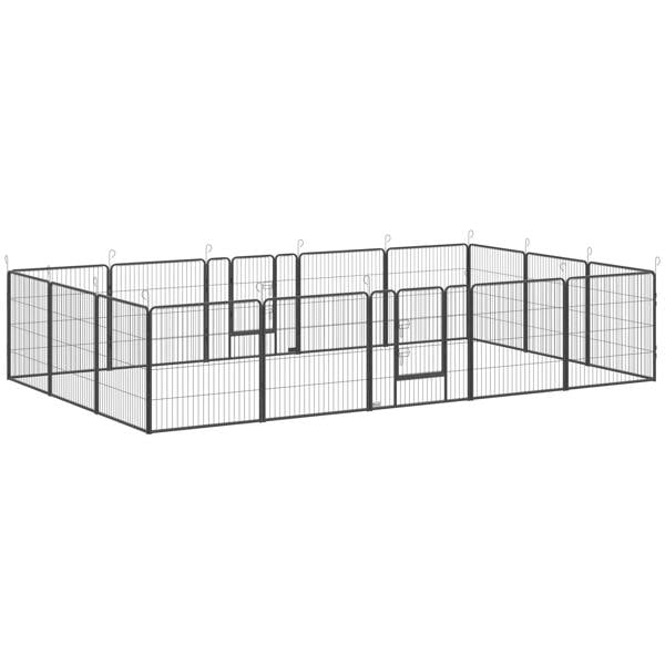 Grey wire dog playpen with 16 connected panels and curved corner walls