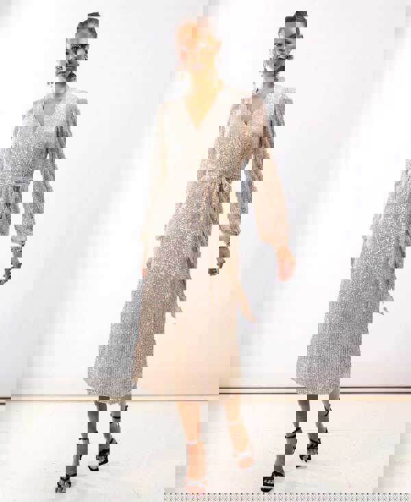 Cream Sequin Wrap Midi Dress