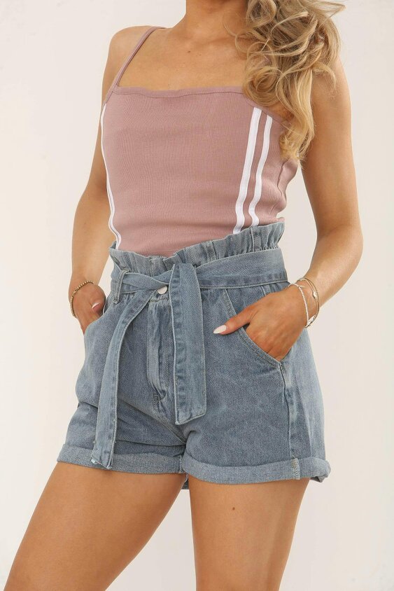 Elaina Fashion High-Waisted Belted Denim Shorts – Light Wash - 100% Cotton - Blue