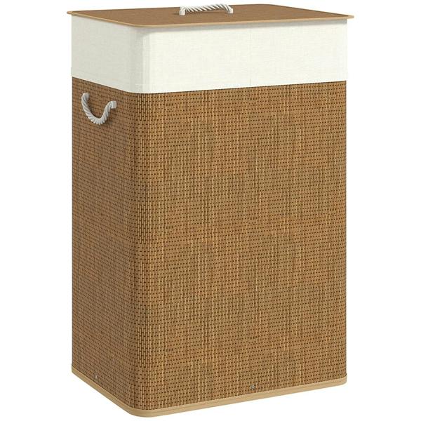 Brown bamboo laundry hamper with lid and rope handles, woven basket with removable liner