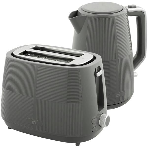 Grey electric kettle and two-slice toaster set, countertop appliances