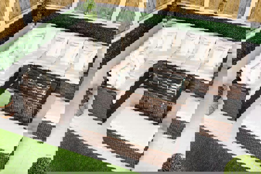 Giardino Santorini 6 Seat Modular Corner Sofa Rattan Garden Furniture Set Outdoor Fire Pit Coffee Table, Bench and Stool