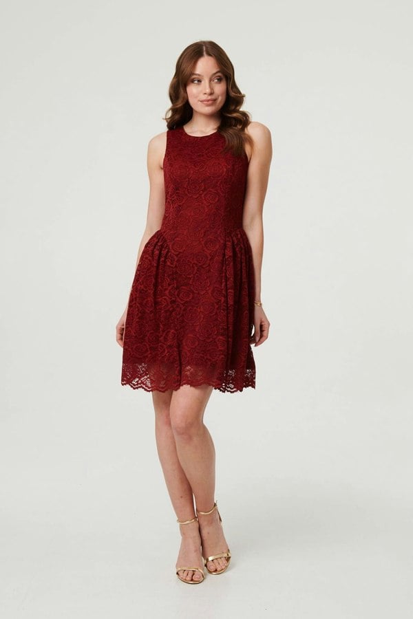 Burgundy | Lace Layer Sleeveless Short Skater Dress
