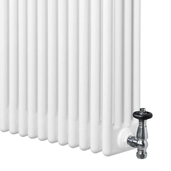 Traditional white 4 column radiator with smooth, glossy finish and chrome valve, designed for efficient heating in any space