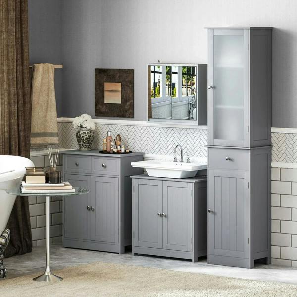Grey tall under-sink cabinet with one door and open shelf beside vanity