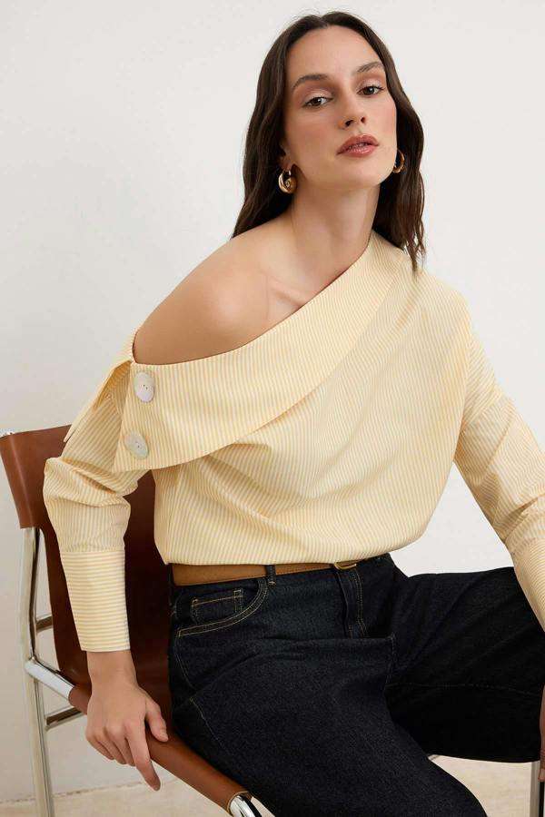WOVCOR Asymmetric Neck Long Sleeve Woven Blouse