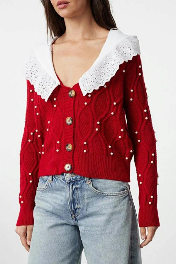 WOVCOR Shirt Woven Garni Collar Detailed Knit Cardigan