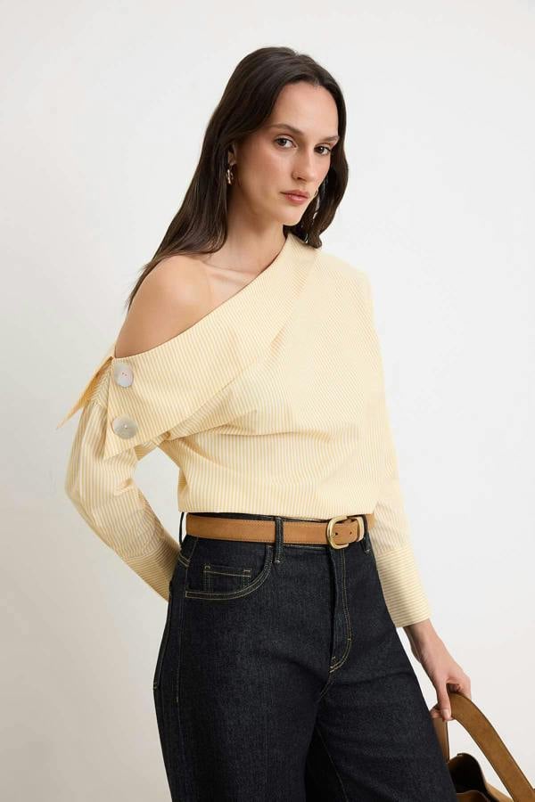 WOVCOR Asymmetric Neck Long Sleeve Woven Blouse - YELLOW