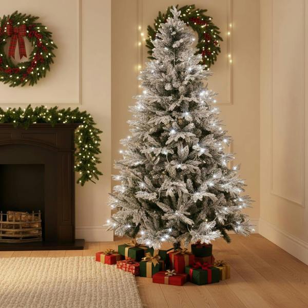 6ft and 8ft Pre-Lit Snow-Flocked Artificial Christmas Trees with Cool White LED Lights image 5
