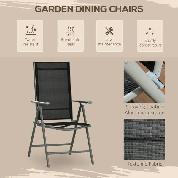 Garden dining chair with black textilene seat and back, reclining arms on aluminum frame