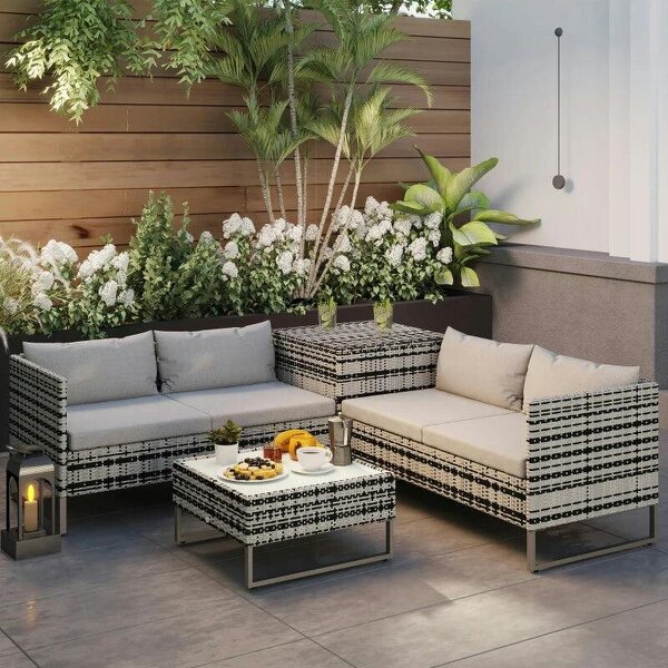 4pc Garden Rattan Wicker Outdoor Furniture Patio Corner Sofa Love Seat and Table Set with Cushions Side Desk Storage, Mixed Grey - Grey