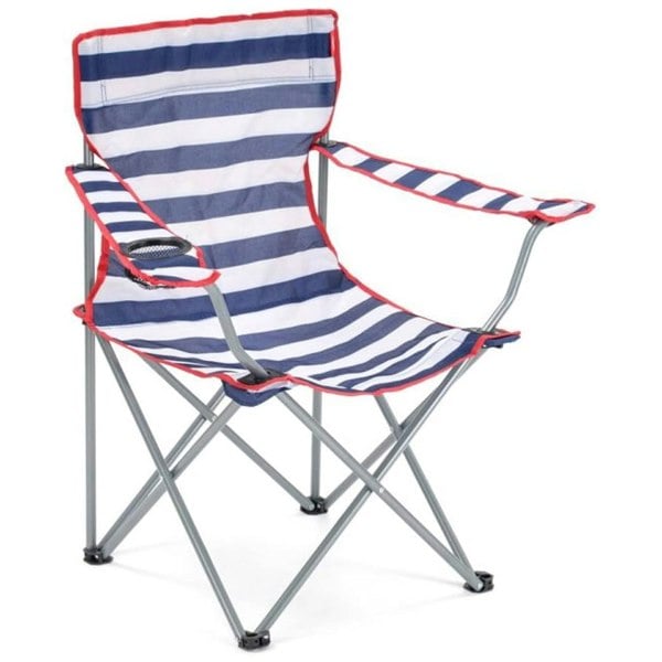 1 x Red & Blue Striped Foldable Outdoor Garden Camping Chairs With Cup Holder & Arm Rest