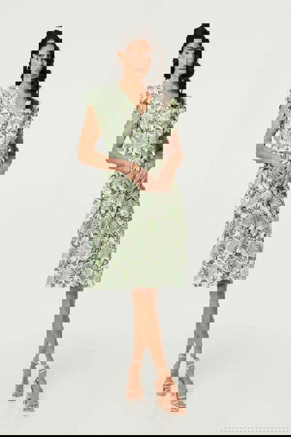 Green | Printed Frill Sleeve Knee Length Dress