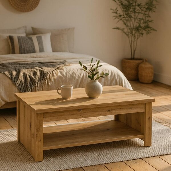 Wyld Haus Brimble Artisan Oak Wood Rising Coffee Table Bottom Shelf