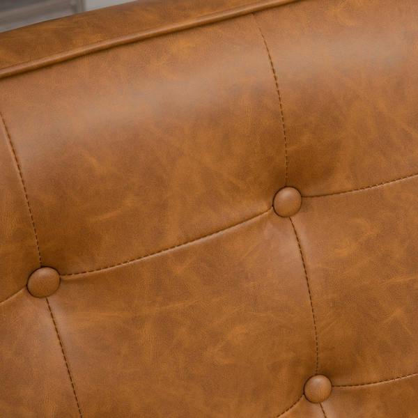 Brown upholstered back with tufted buttons and visible stitched seams.