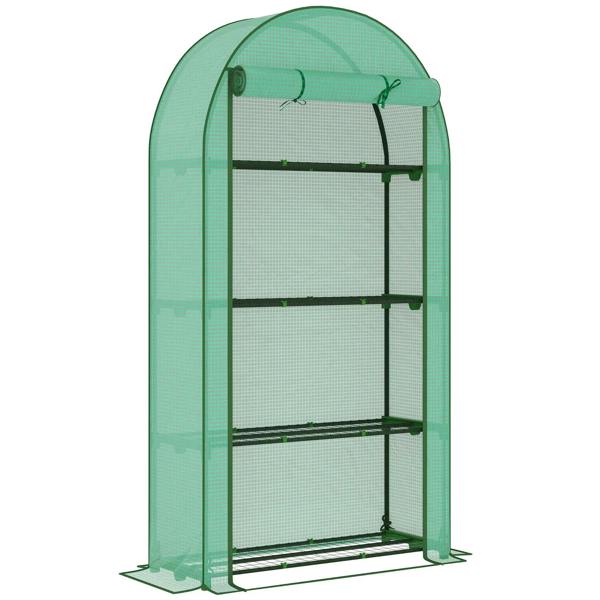 Green mini greenhouse with four wire shelves and curved transparent cover