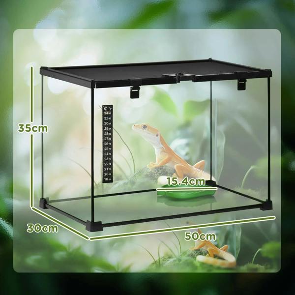 Large glass terrarium with black frame, leaf-shaped green water basin, and thermometer display