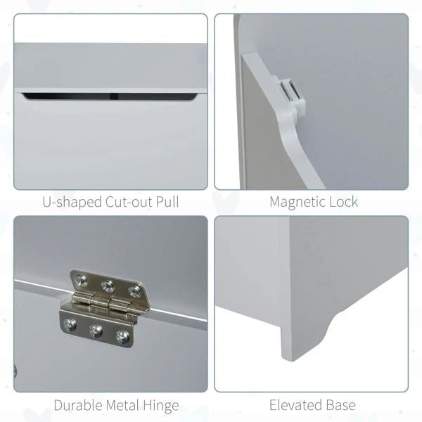 Grey toy box details: U-shaped pull cut-out, magnetic lock, metal hinge, raised base.