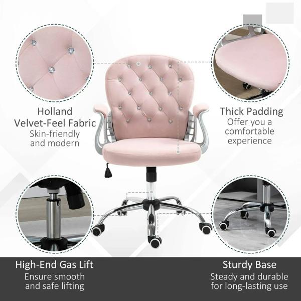 Pink velvet swivel office chair with tufted back, thick padding, and chrome rolling base