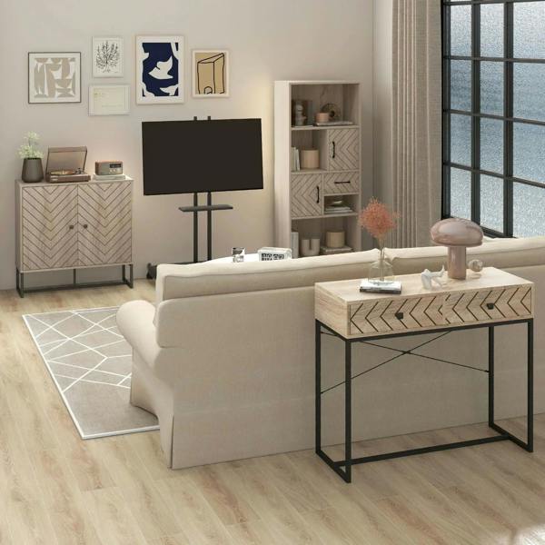 Oak 2-tier cabinet with chevron doors and black metal legs