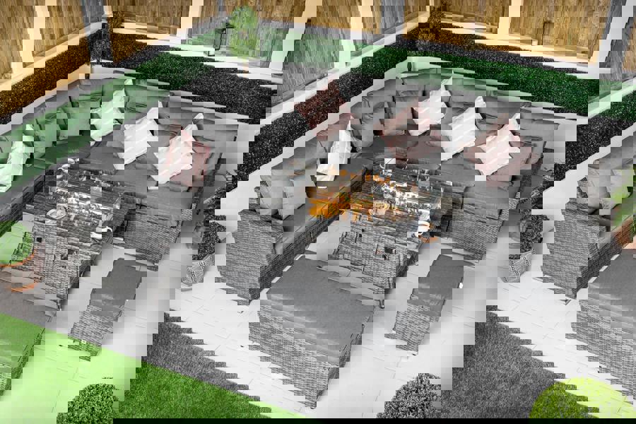 Giardino Santorini 6 Seat Modular Corner Sofa Rattan Garden Furniture Set Outdoor Fire Pit Coffee Table, Bench and Stool