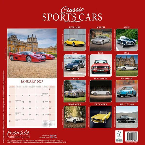 Classic Sports Cars Calendar 2027, Wall Calendars, Month To View, Transport, Gift