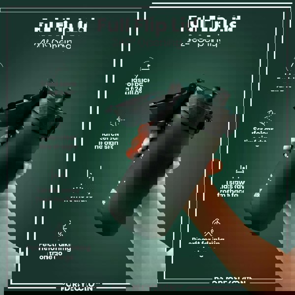 A black water bottle, with its flip lid open, is held by a hand against a dark green background. Full Flip Lid, 240° Opening; POD RECYCLON™.