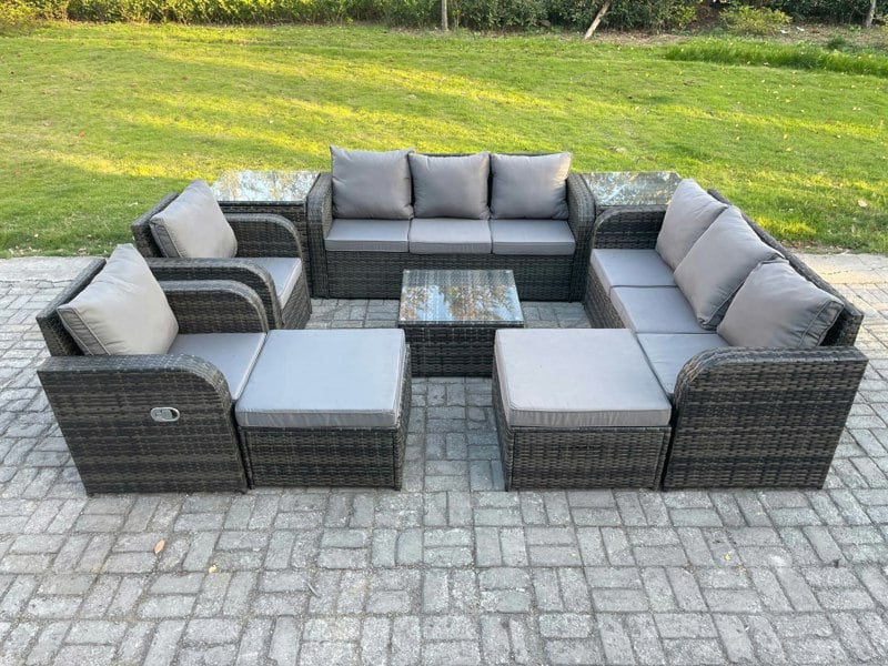 Fimous Dark Grey Mixed High Back Rattan Outdoor Lounge Set - Square Coffee Table, 2 Big Footstools & 2 Side Tables