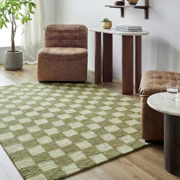 Livabliss Klopp-Hand Tufted Green Beige Wool Checkered Fringe Rug