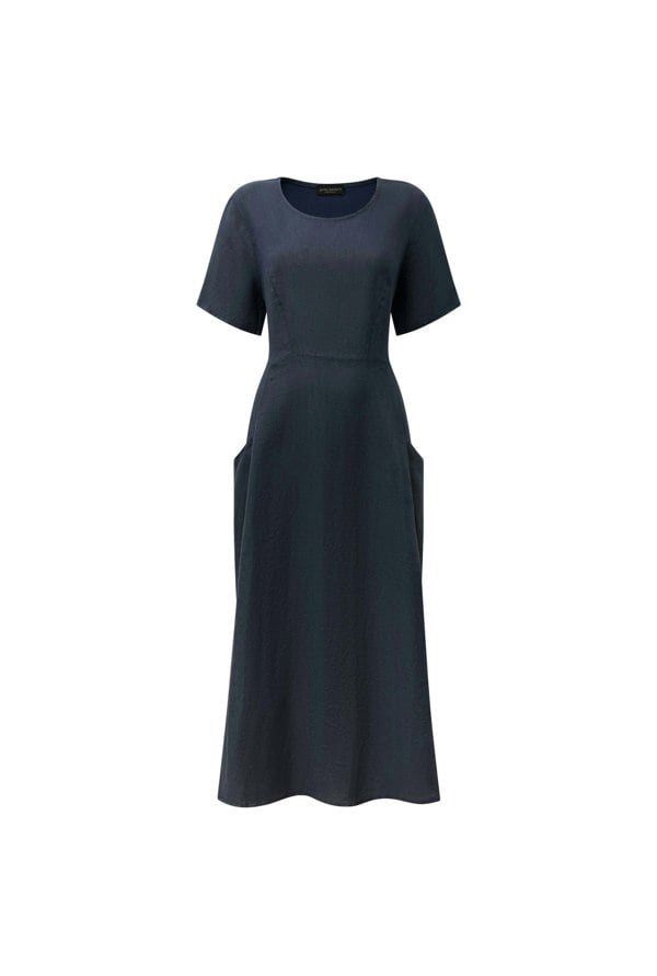 Navy linen midi dress with side pockets
