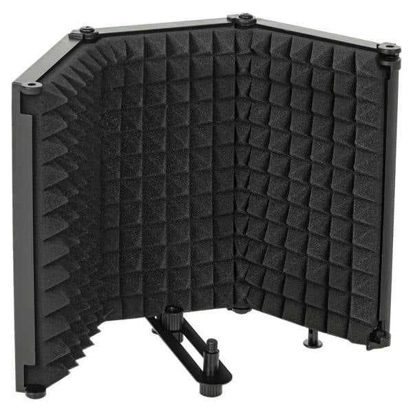 Foldable black microphone isolation shield with 3 panels and threaded mounting posts