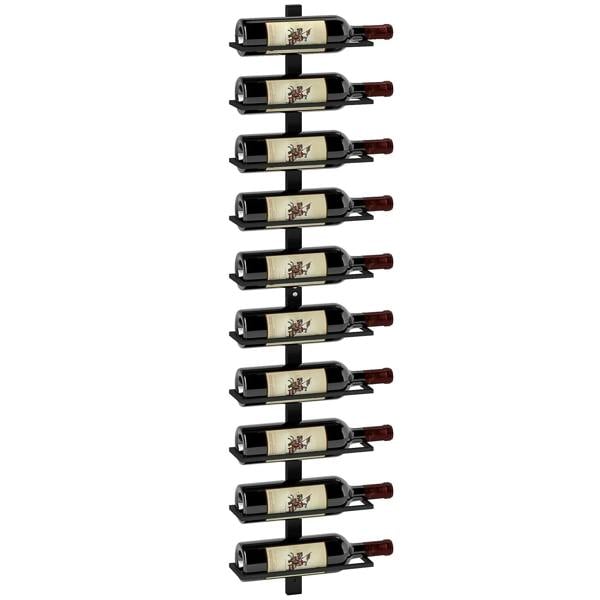 Wall-mounted black metal 10-tier wine rack with bottles